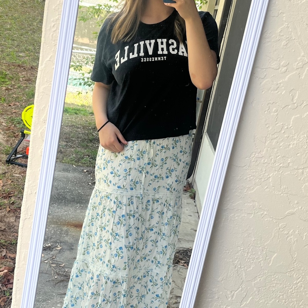 tiered blue floral skirt